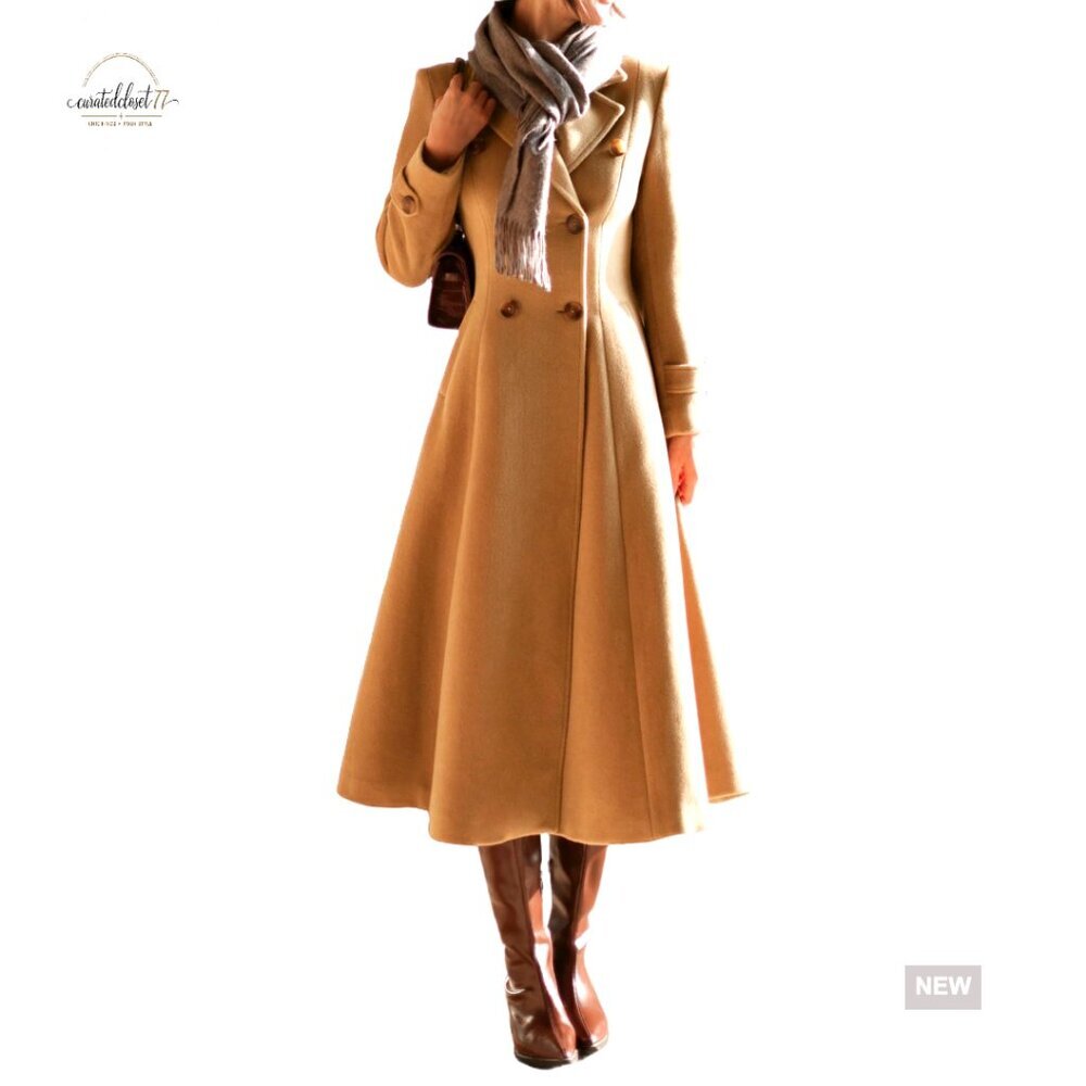 Long Wool Pea Coat Double Breasted Trench Slim Fit Classic Elegant Winter